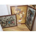 A specimen wood map of Africa and two African batik pictures, all framed