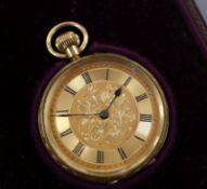 A late Victorian 18ct gold keyless fob watch, with engraved back and gilt Roman dial, in fitted case
