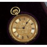 A late Victorian 18ct gold keyless fob watch, with engraved back and gilt Roman dial, in fitted case