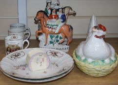 A chicken egg basket, two Staffordshire figure groups etc