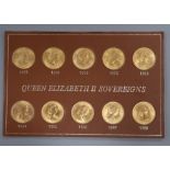 A cased set of ten Queen Elizabeth II gold sovereigns, 1957-59 and 1962-68, UNC