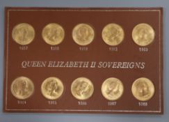 A cased set of ten Queen Elizabeth II gold sovereigns, 1957-59 and 1962-68, UNC