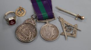 Three masonic items including gold Malaya medal, another medal and sword brooch
