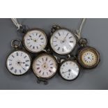 Six assorted silver or white metal fob watches including Swiss.