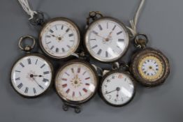 Six assorted silver or white metal fob watches including Swiss.