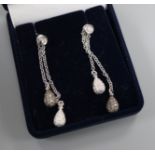 A pair of white metal two colour diamond set double drop earrings, approx. 58mm.