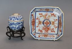 A Chinese Imari canted square dish and a small U-shaped jar, cover and stand, Kangxi period