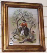 Kay D'Arcy, reverse painted mirror, Shepherdess, pan piper and swan, signed, 33 x 28cm, overall 44 x