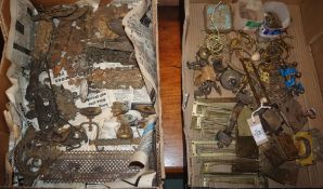 Two boxes of assorted furniture mounts and other related metalware