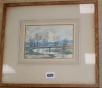 Samuel John Lamorna Birch, watercolour, Angler in a landscape, 12 x 17cm