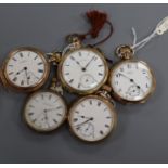 Five assorted gold plated pocket watches including Waltham.
