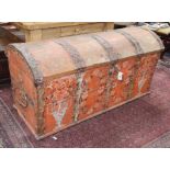 A 19th century painted iron mounted domed top trunk W.145cm