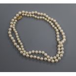 A single strand graduated cultured pearl necklace with 9ct gold clasp, 80cm.