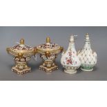 A pair of Derby pot pourri vases and a pair of Minton style pear shaped lidded vases (4) tallest
