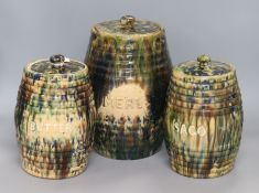 Three lidded jars - 'Meal', 'Sage' and 'Butter'