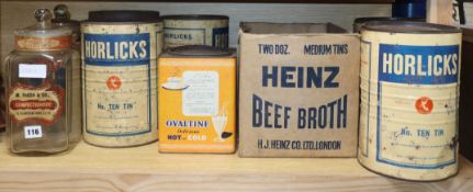 A collection of sweet jars, six tins, a box of tins and bottles