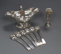 A George V silver double lipped sauceboat, a set of six early Victorian Scottish silver fiddle