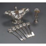 A George V silver double lipped sauceboat, a set of six early Victorian Scottish silver fiddle