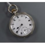 A George V silver Omega keyless open face pocket watch, with Roman dial and subsidiary seconds.