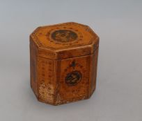 A Georgian octagonal hand painted tea caddy height 12.5cm