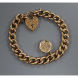 A 9ct gold curb-link bracelet, padlock clasp and locket attached, gross 17.5 grams.