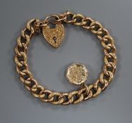 A 9ct gold curb-link bracelet, padlock clasp and locket attached, gross 17.5 grams.