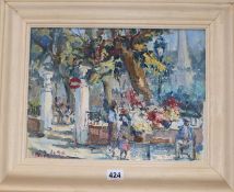 French School, oil on board, Figures beside a flower market, indistinctly signed and dated '35, 26 x