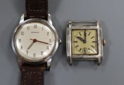 A 1950's stainless steel wristwatch retailed by Garrard and a 935 sterling wrist watch ( no strap).