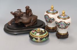 A Chinese hardwood carving and three cloisonne pots