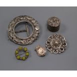 A small Chinese white metal circular photograph frame, a Victorian silver pill box and three