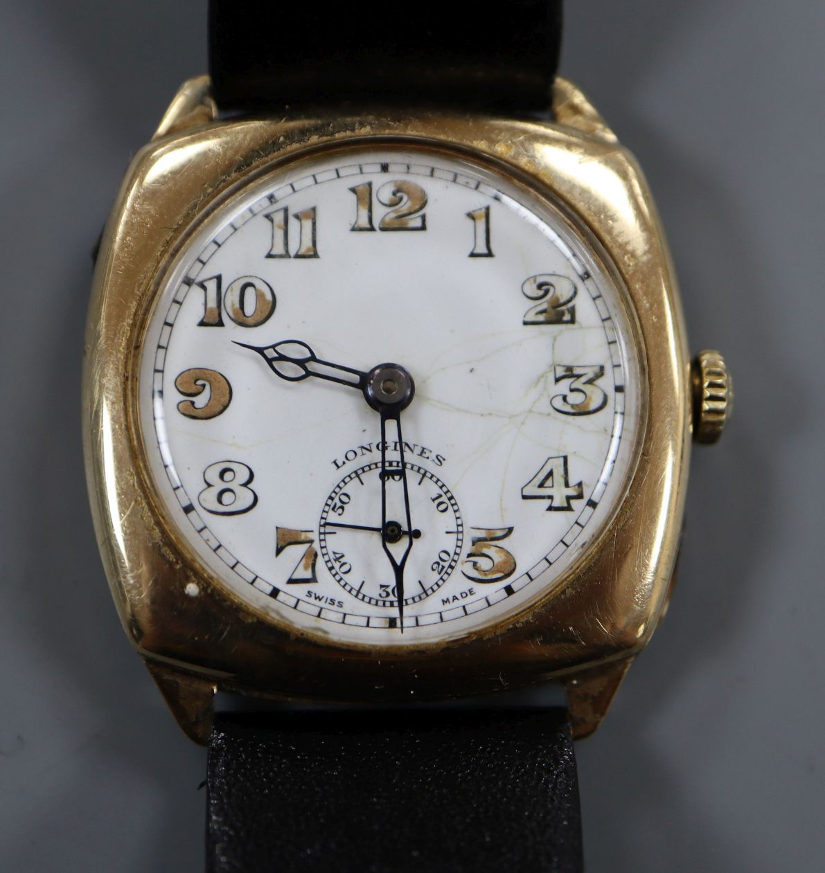 A gentleman's early 20th century 9ct gold Longines manual wind wrist watch.