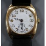 A gentleman's early 20th century 9ct gold Longines manual wind wrist watch.