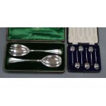 A cased pair of Old English thread pattern silver salad servers, London 1906 and cased set of six