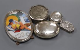 A George V silver tobacco box, a silver pill box, Italian 800 pill box, one other box and a silver