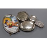 A George V silver tobacco box, a silver pill box, Italian 800 pill box, one other box and a silver