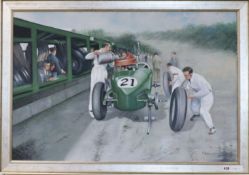 Max Brandrett, oil on canvas, Changing the wheels on a vintage racing car, signed, 60 x 91cm