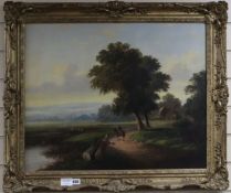 H.J.W., oil on canvas, Landscape with horse and rider, with a figure by a pond, signed monograms, 52