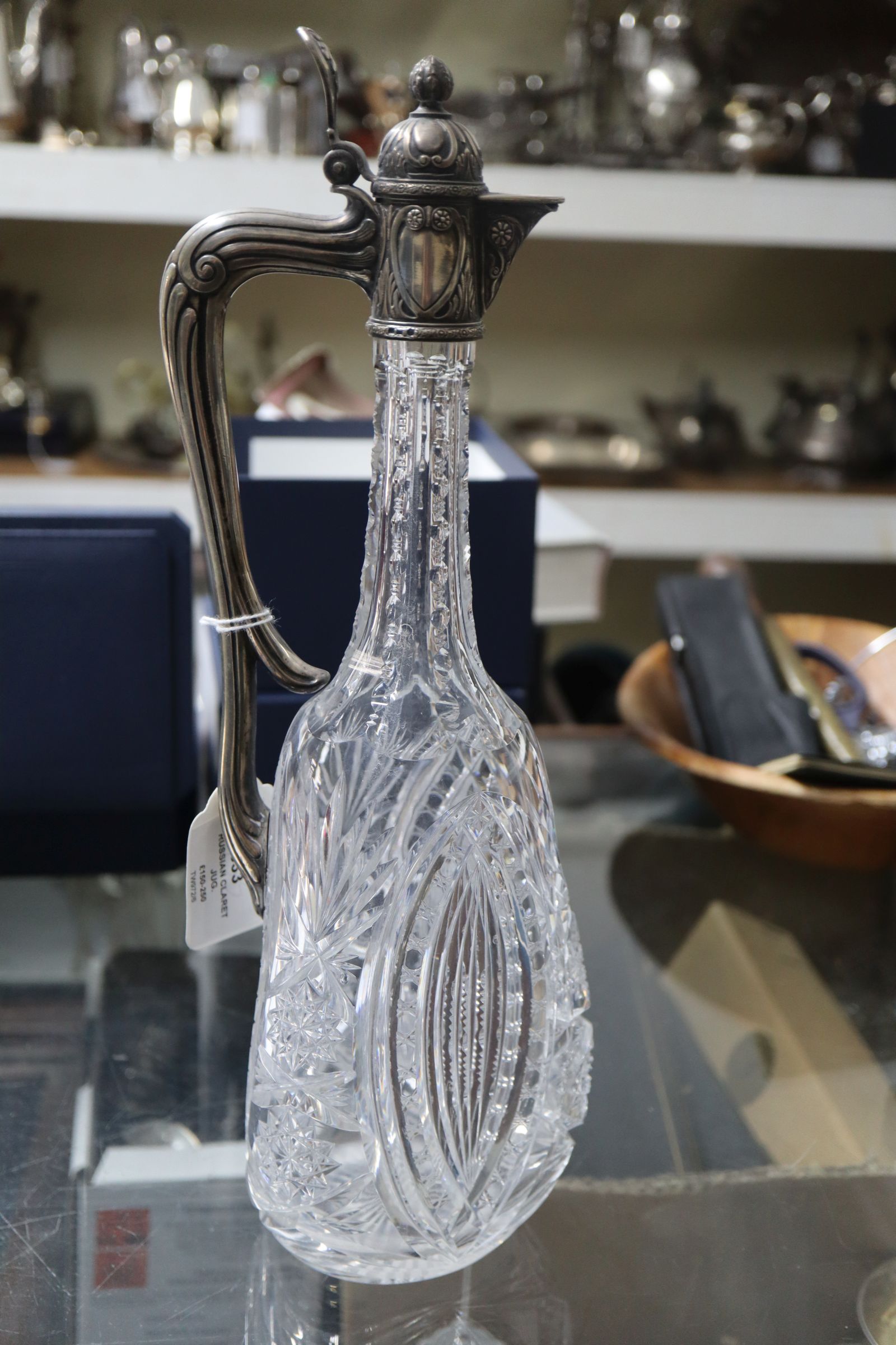 A Russian 84 zolotnik white metal mounted cut glass claret jug, 35.5cm. - Image 5 of 11
