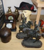 A pair of spelter figures, a pair of vases, two clocks etc.