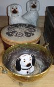 A foot stool, a brass bowl and Staffordshire dogs