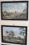 A set of four 18th century coloured engraving hunting prints, 27 x 43cm and another engraving, study