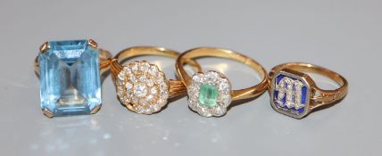 A yellow metal and diamond cluster ring (stone missing) and three other rings including 1920's
