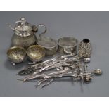 A pair of Indian? white metal salts, Indian mustard pot & spoon, pair of white metal napkin