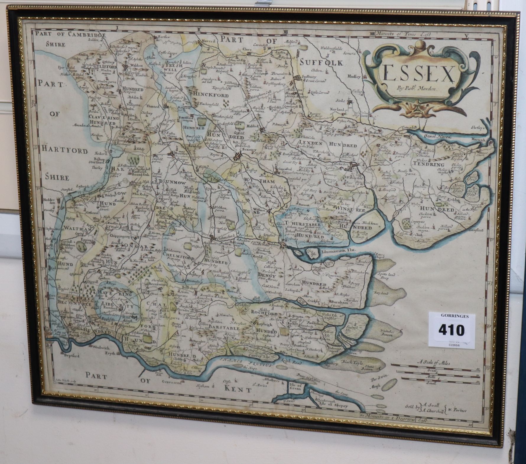 Robert Morden, coloured engraving, Map of Essex, 35 x 42cm and three later maps - Image 2 of 2