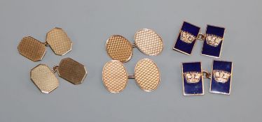 Three pairs of assorted cufflinks including two 9ct gold pairs and a pair of 9ct and blue enamel