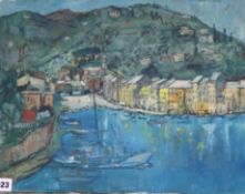 20th century French School, oil on canvas, Mediterranean harbour scene, 36 x 45cm, unframed