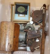 Mixed collectables including corkscrews, tea caddy, bellows, etc.