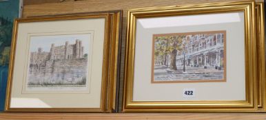 Bill Kingston, two watercolours, Winter landscapes, signed, 8 x 9cm, and eight assorted prints of