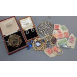 Mixed items including costume jewellery, stamps, yellow metal ring, Victorian brooch and 1970