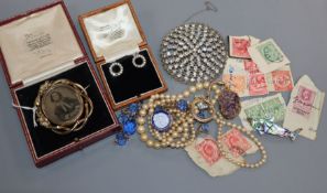 Mixed items including costume jewellery, stamps, yellow metal ring, Victorian brooch and 1970